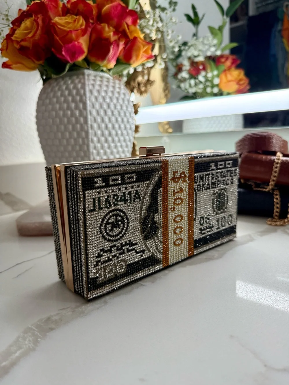 Embellished Money Print Crystal Clutch - Silver & Gold - Picture 3 of 7